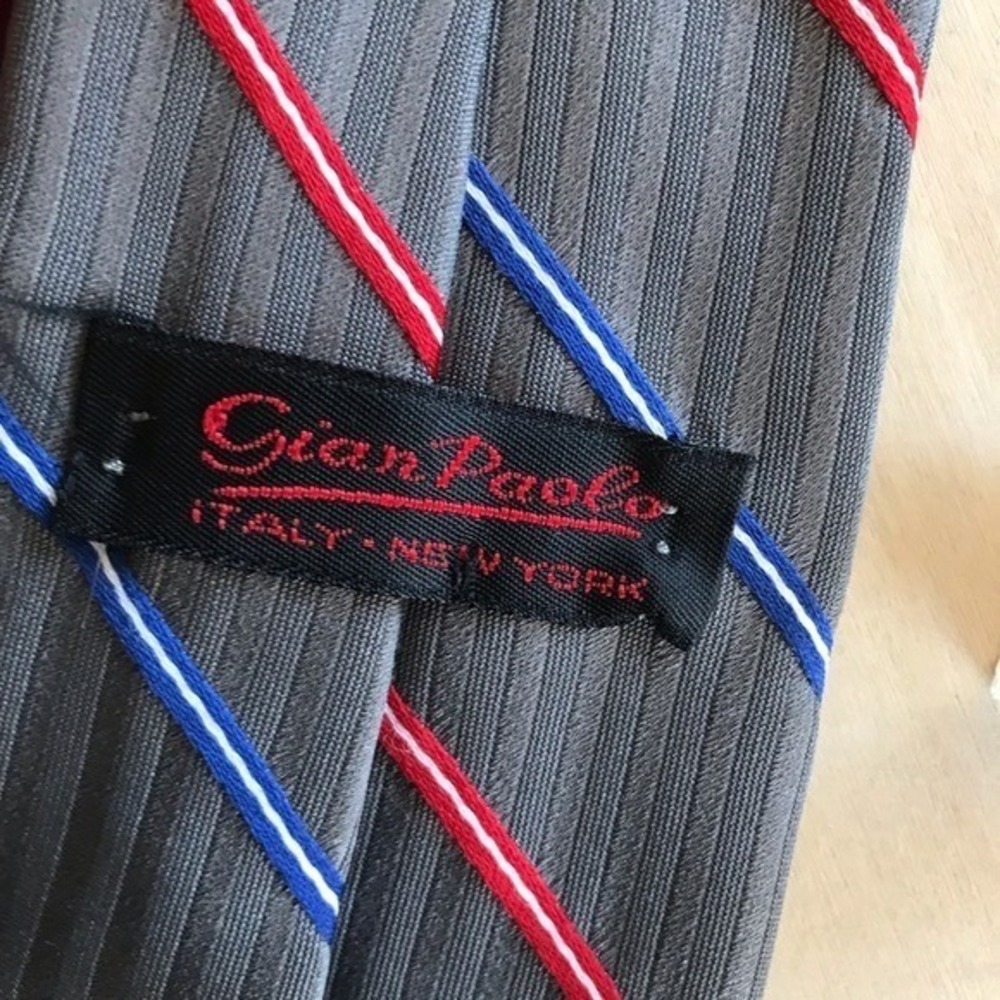 Gian Paulo Italia Gray Striped Neck Tie with Red & Blue Accents
